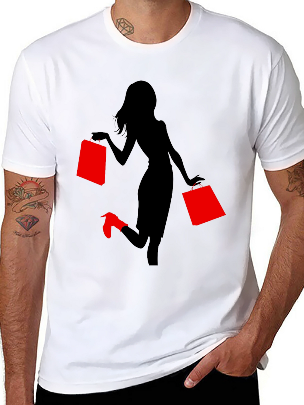 Stylish Woman Shopping Graphic Tee - Black