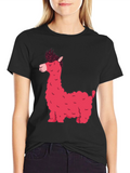 Stylish Black T-Shirt with Funky Pink Llama Graphic