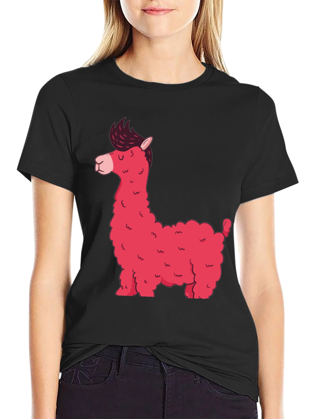 Stylish Black T-Shirt with Funky Pink Llama Graphic