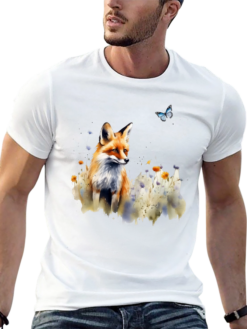 Fox and Butterfly Graphic Print T-Shirt