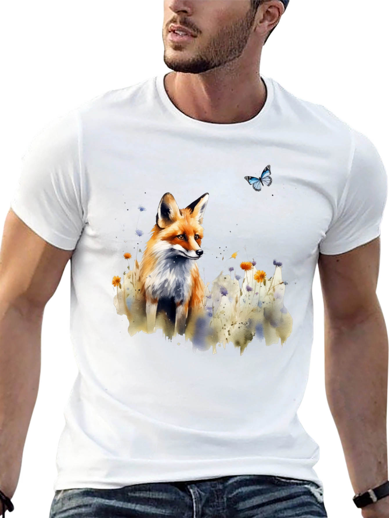Fox and Butterfly Graphic Print T-Shirt