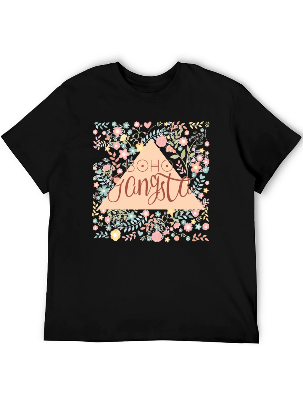 Boho Gangsta Floral Graphic Print Black T-Shirt