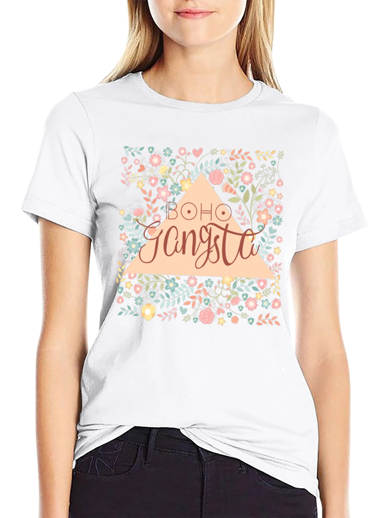 Boho Gangsta Floral Graphic Print Black T-Shirt