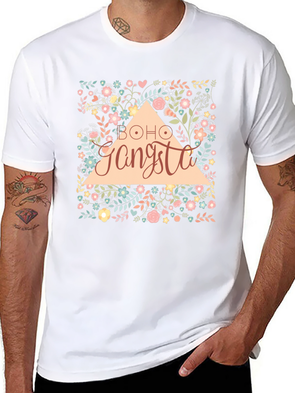 Boho Gangsta Floral Graphic Print Black T-Shirt
