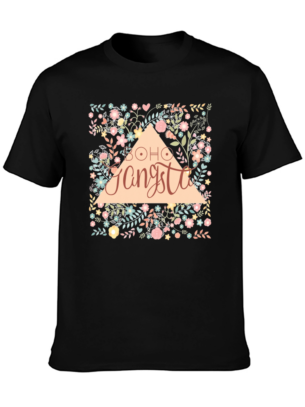 Boho Gangsta Floral Graphic Print Black T-Shirt