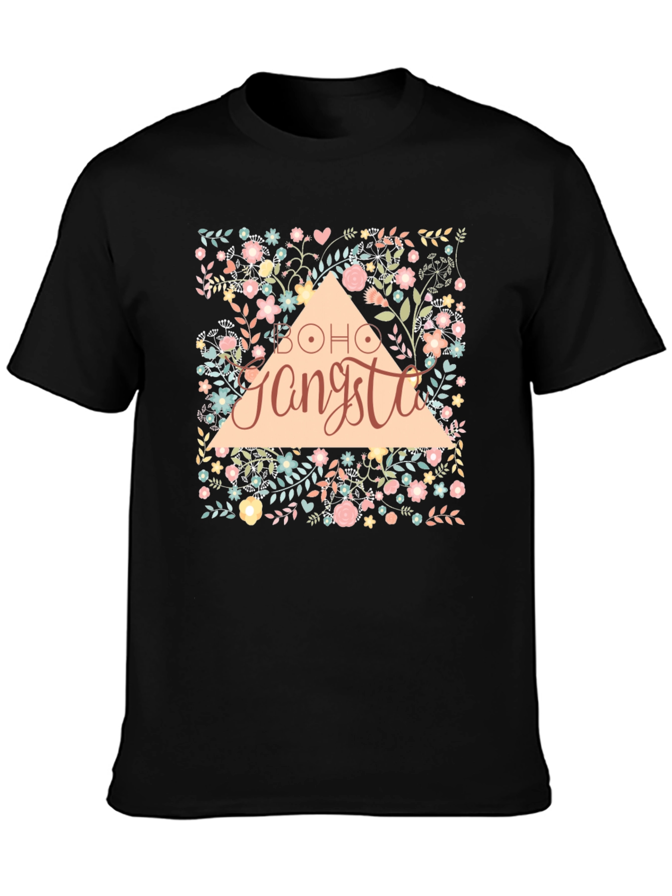 Boho Gangsta Floral Graphic Print Black T-Shirt