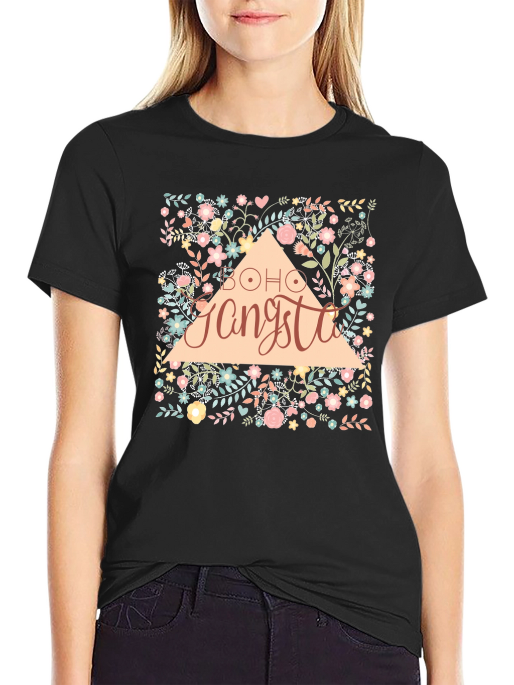 Boho Gangsta Floral Graphic Print Black T-Shirt