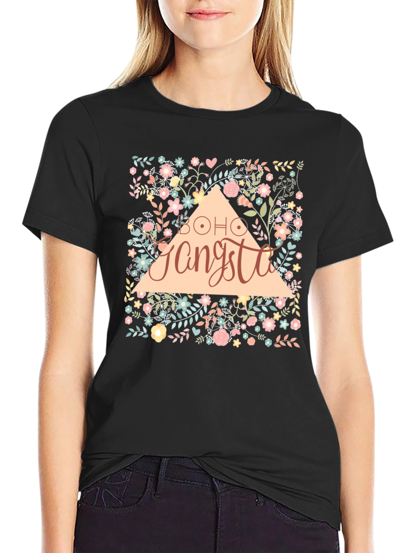 Boho Gangsta Floral Graphic Print Black T-Shirt