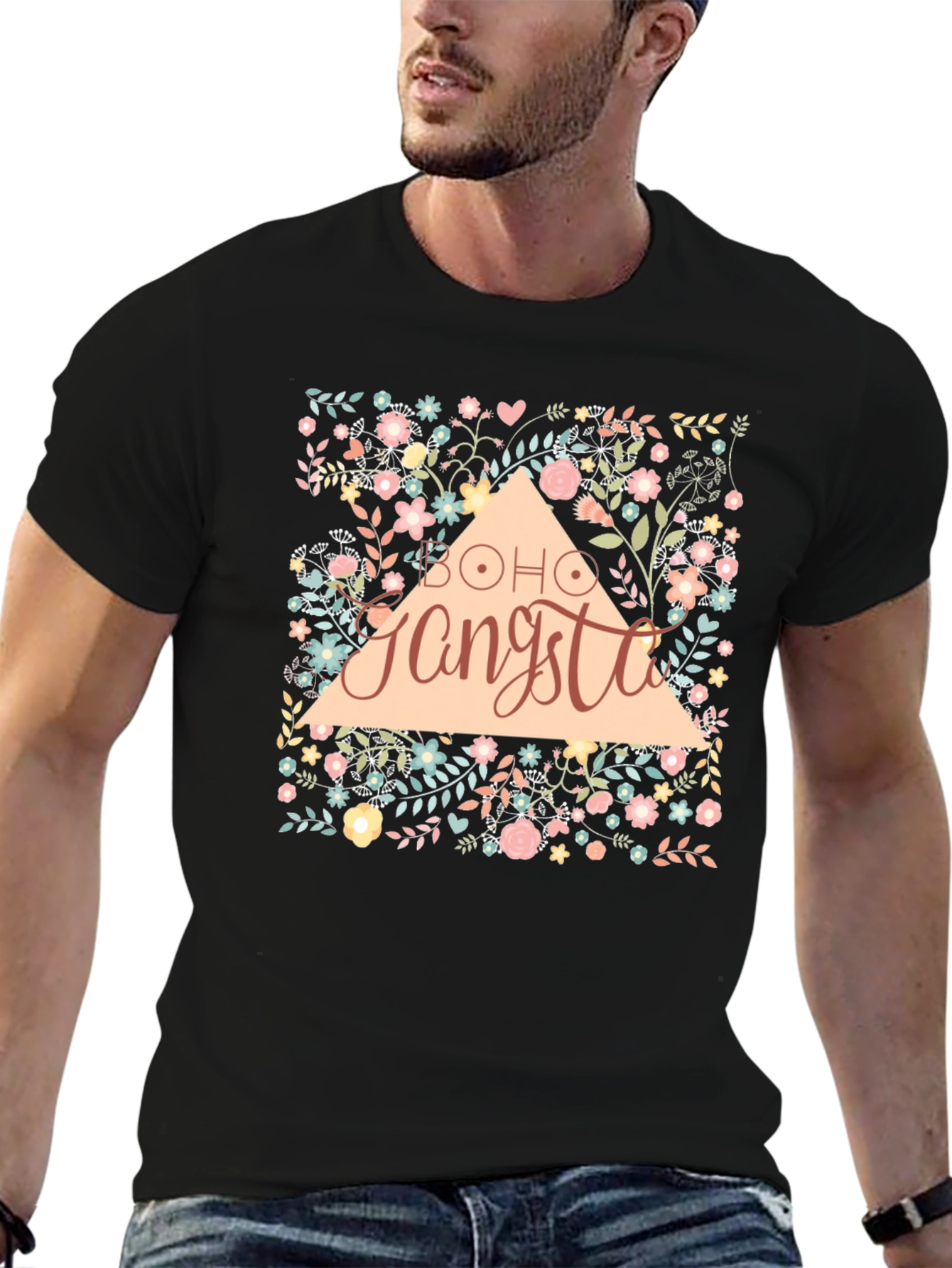 Boho Gangsta Floral Graphic Print Black T-Shirt