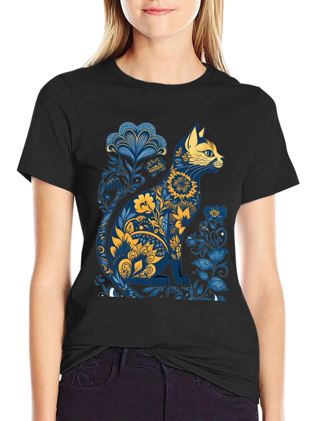 Floral Cat Graphic T-Shirt - Stylish Unisex Tee