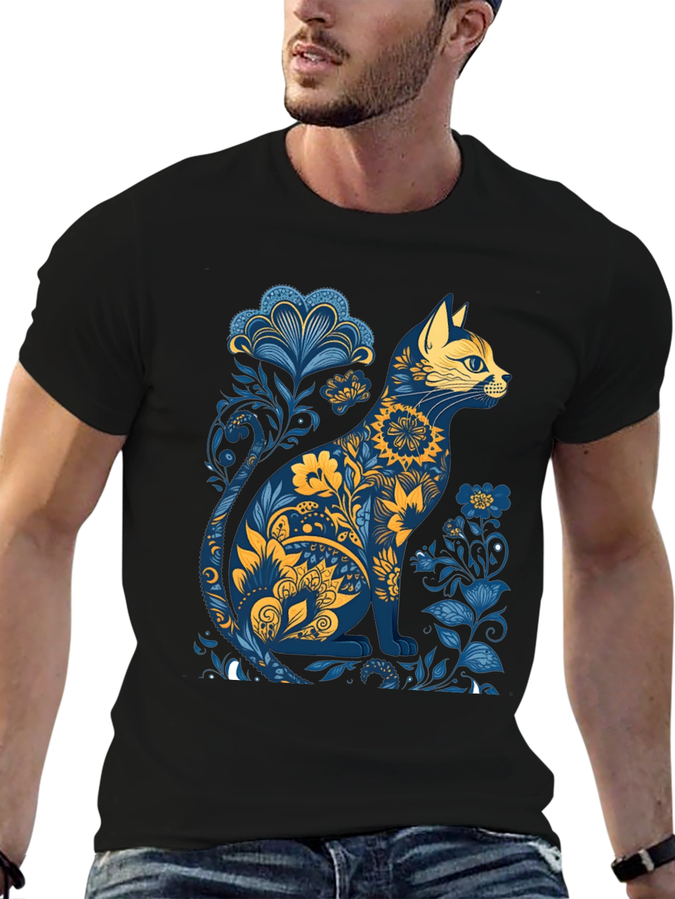 Floral Cat Graphic T-Shirt - Stylish Unisex Tee