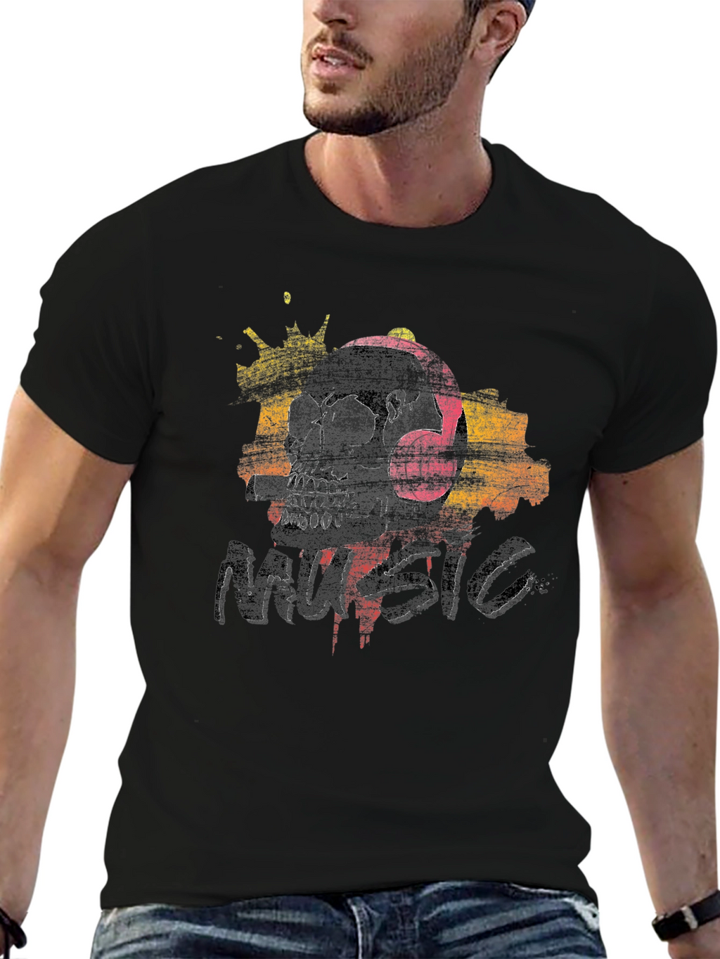 Skull Music T-Shirt - Graphic Print Tee