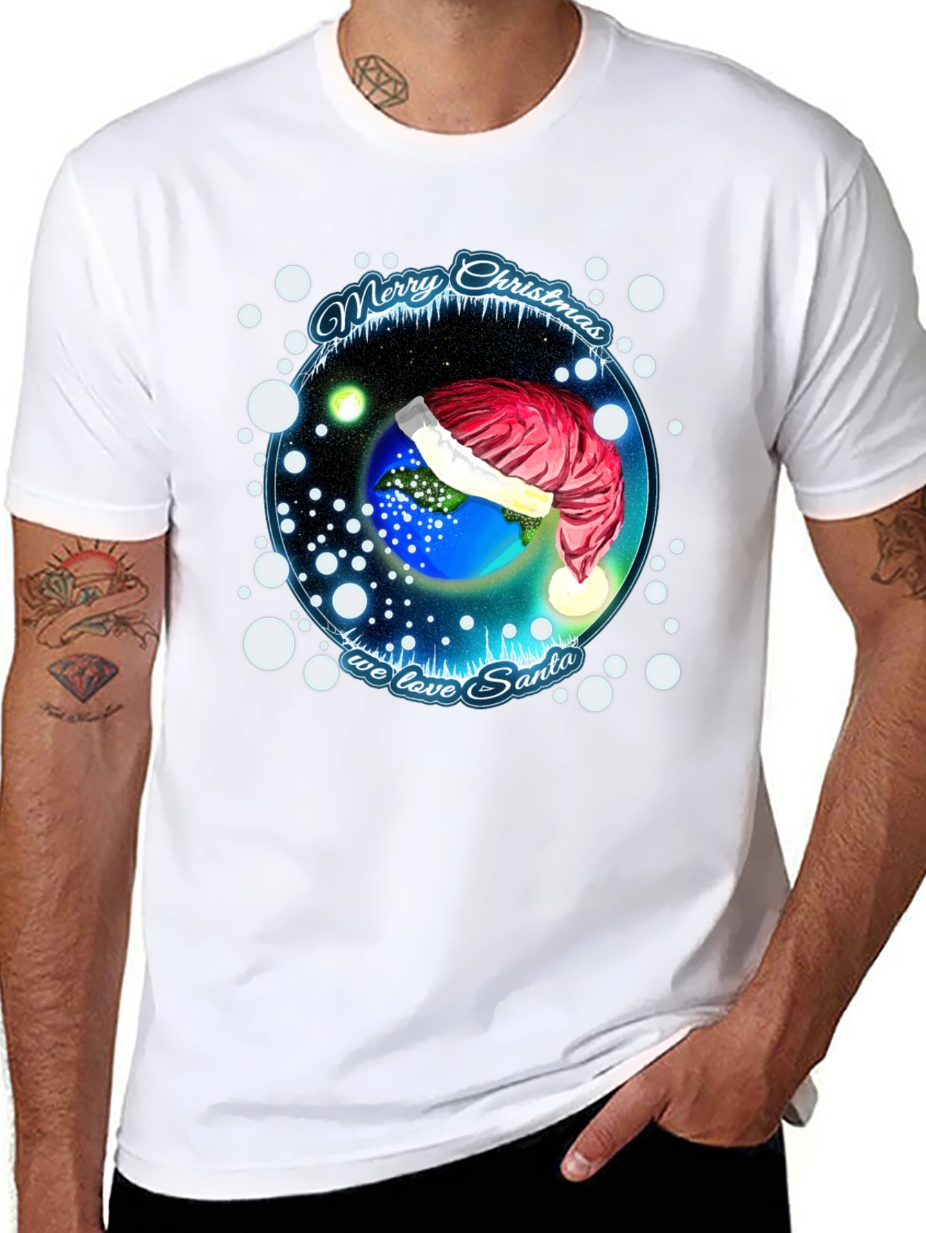 Festive Holiday Earth Santa Hat T-Shirt