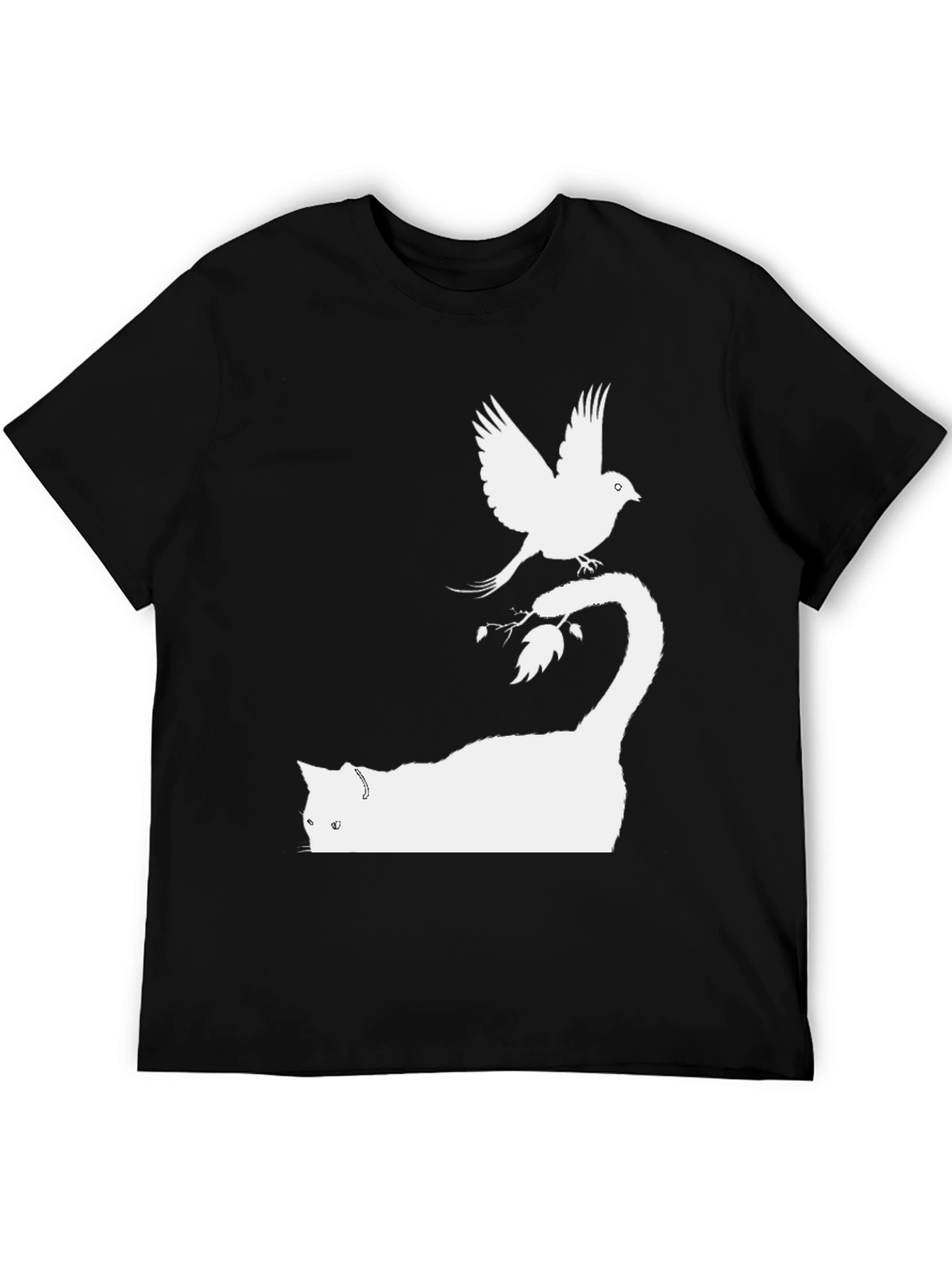 Cat & Bird Graphic Tee - Black Cotton Shirt