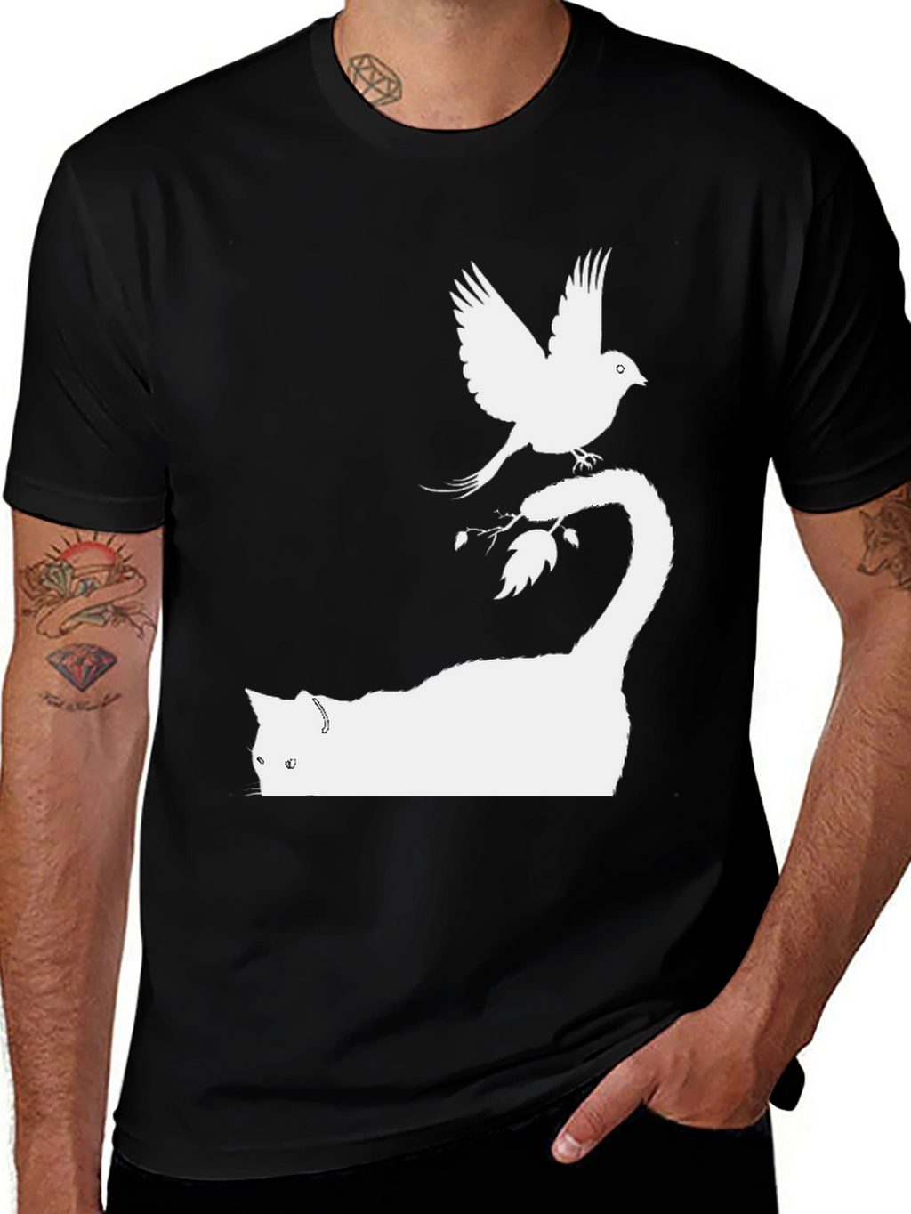 Cat & Bird Graphic Tee - Black Cotton Shirt