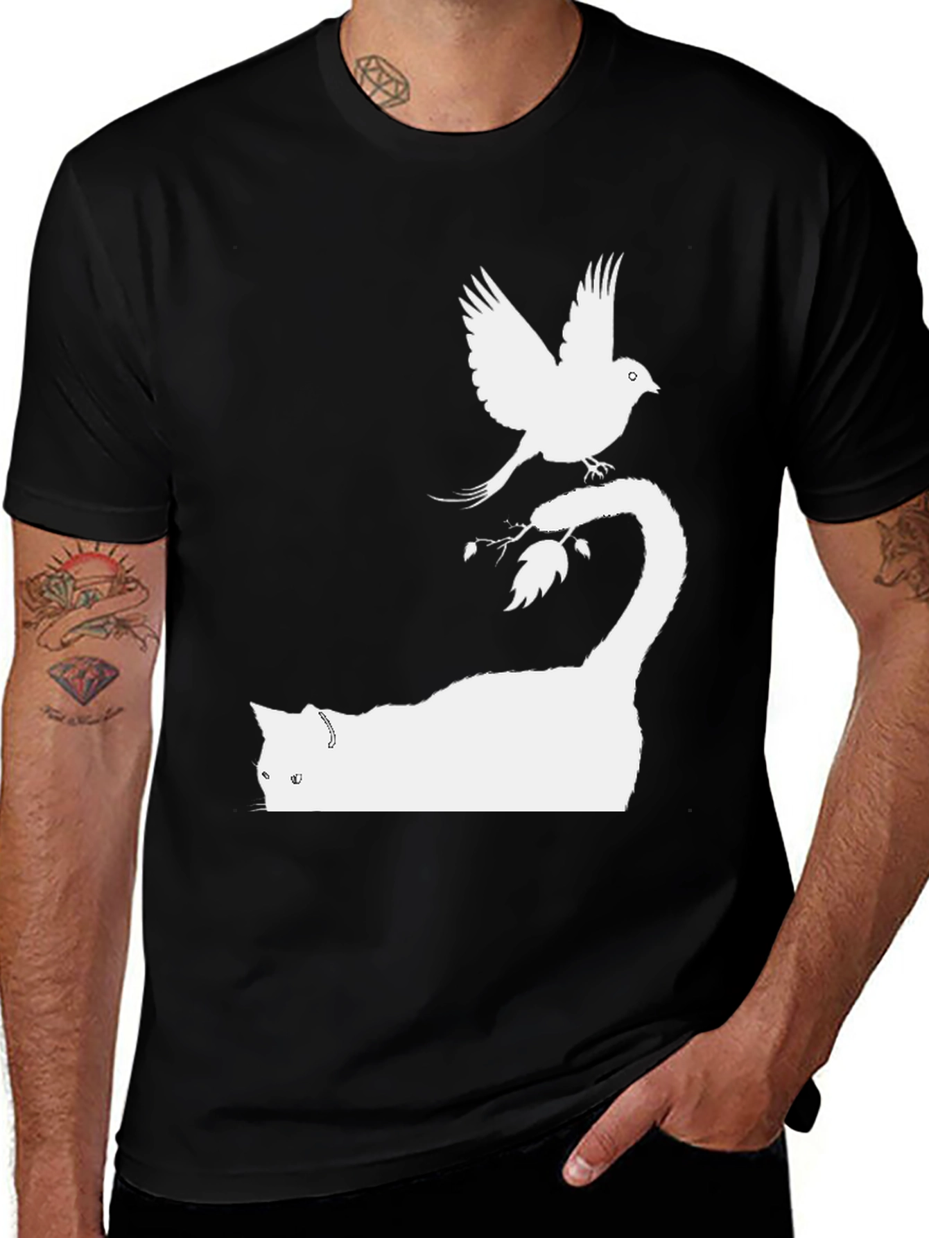 Cat & Bird Graphic Tee - Black Cotton Shirt