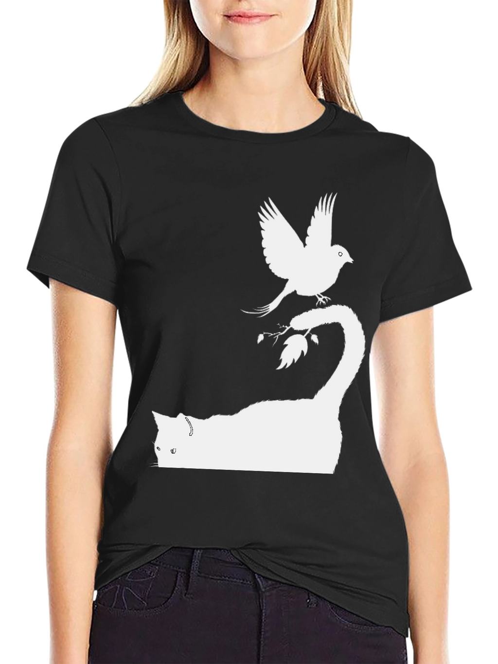 Cat & Bird Graphic Tee - Black Cotton Shirt
