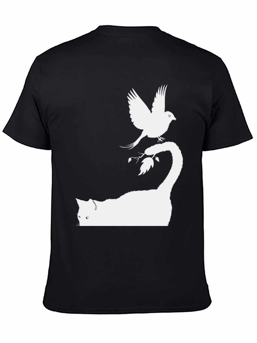 Cat & Bird Graphic Tee - Black Cotton Shirt