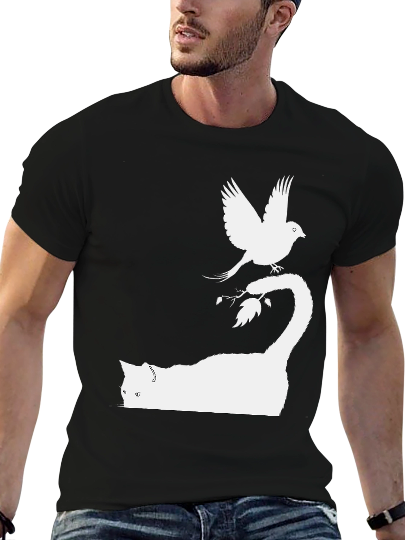 Cat & Bird Graphic Tee - Black Cotton Shirt