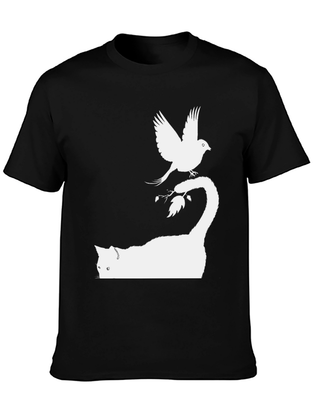 Cat & Bird Graphic Tee - Black Cotton Shirt