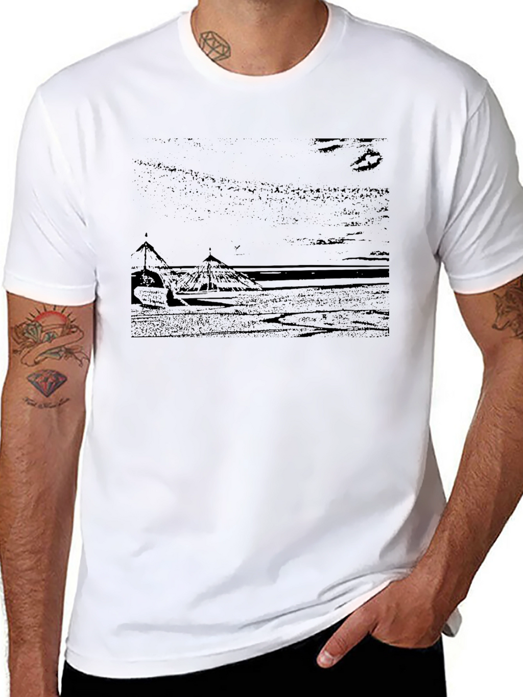 Mens Black T-Shirt - Beach Scene Graphic Tee