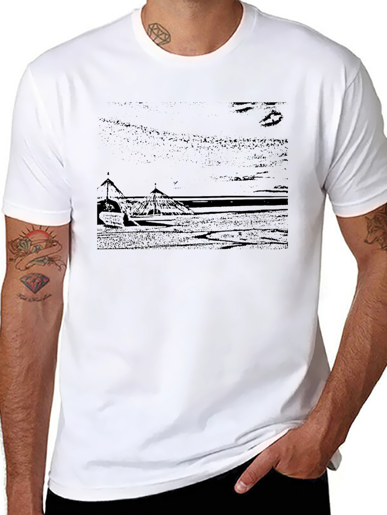 Mens Black T-Shirt - Beach Scene Graphic Tee