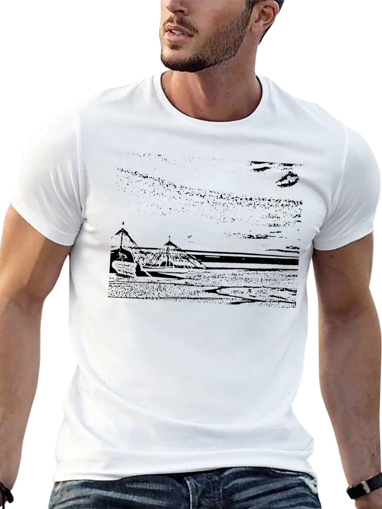 Mens Black T-Shirt - Beach Scene Graphic Tee