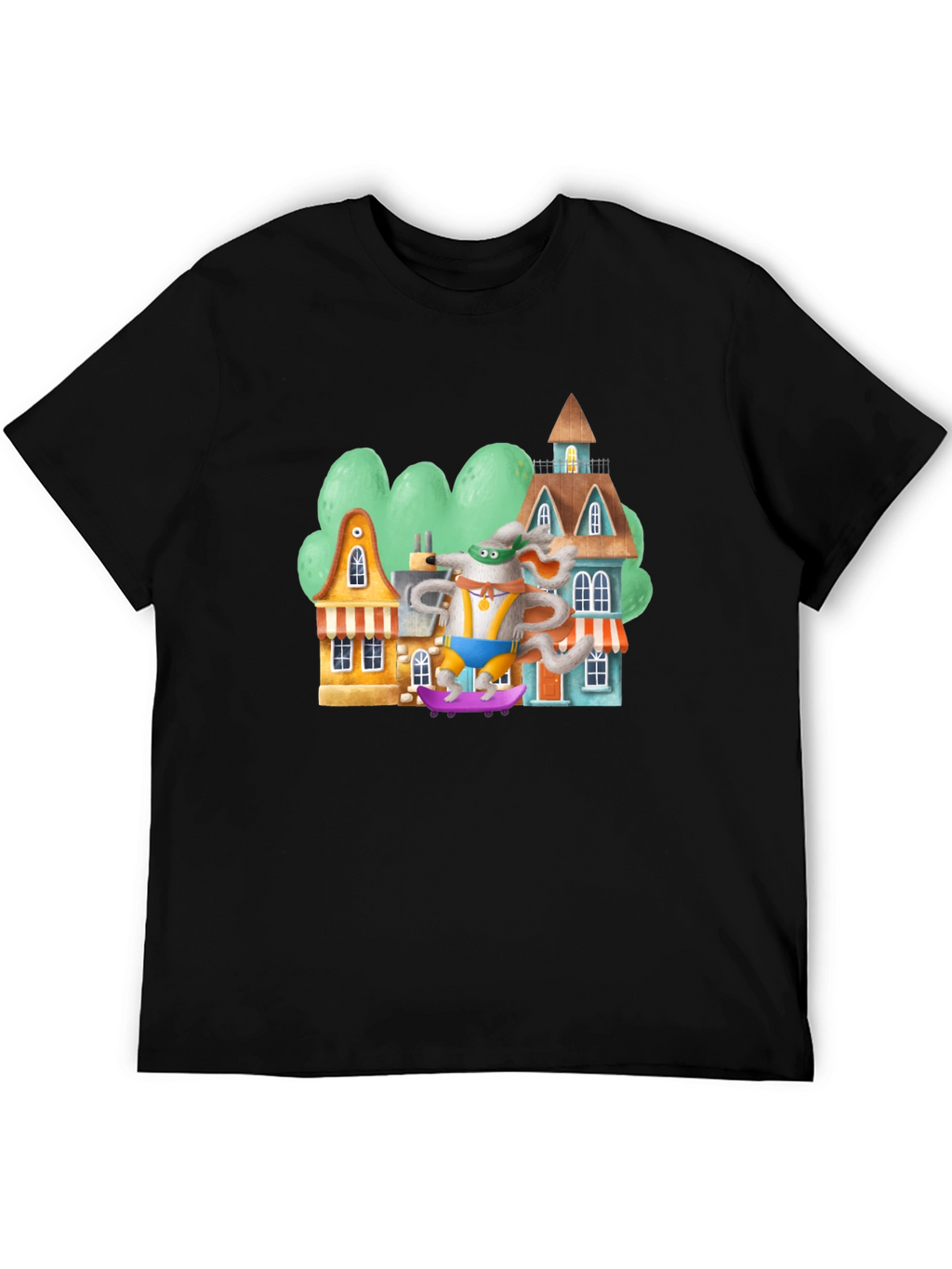 Cartoon Mouse Skateboarder Graphic Tee - Black Cotton Blend