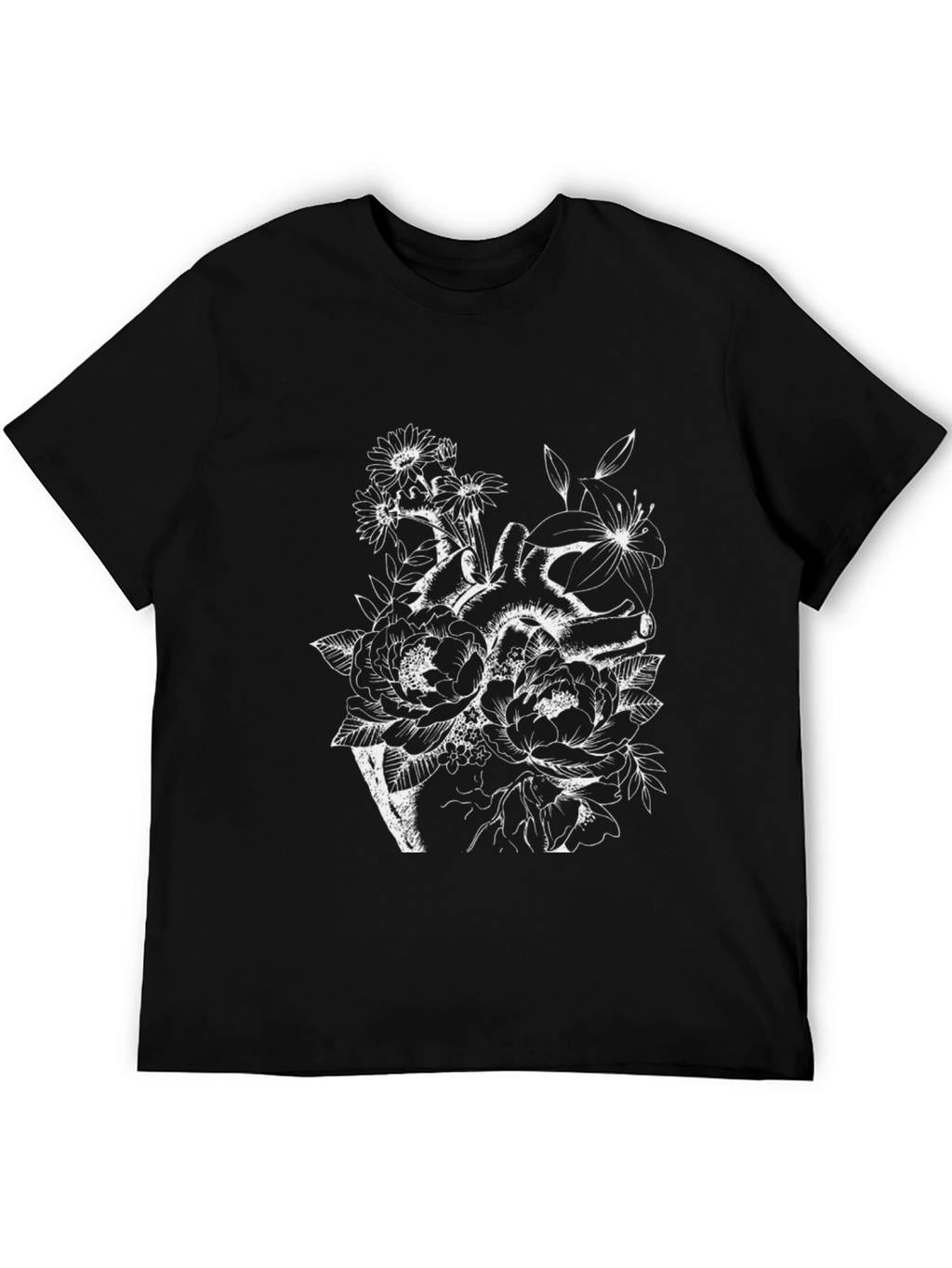 Floral Heart Print Black T-Shirt