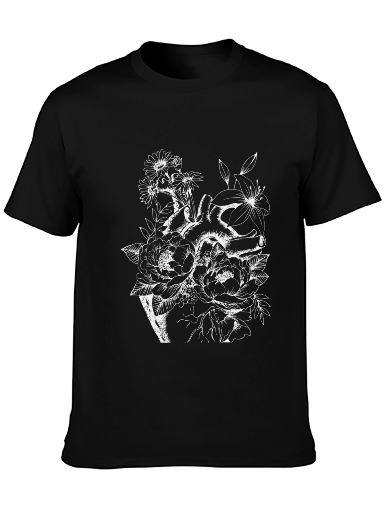 Floral Heart Print Black T-Shirt