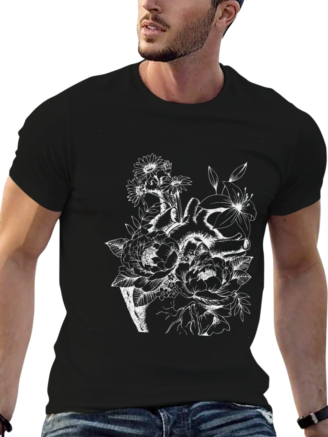 Floral Heart Print Black T-Shirt