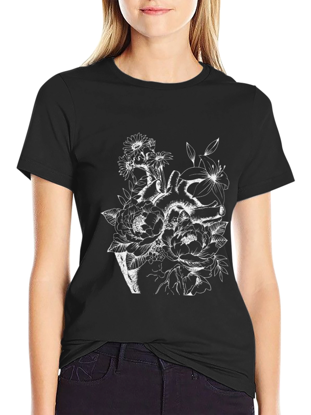 Floral Heart Print Black T-Shirt