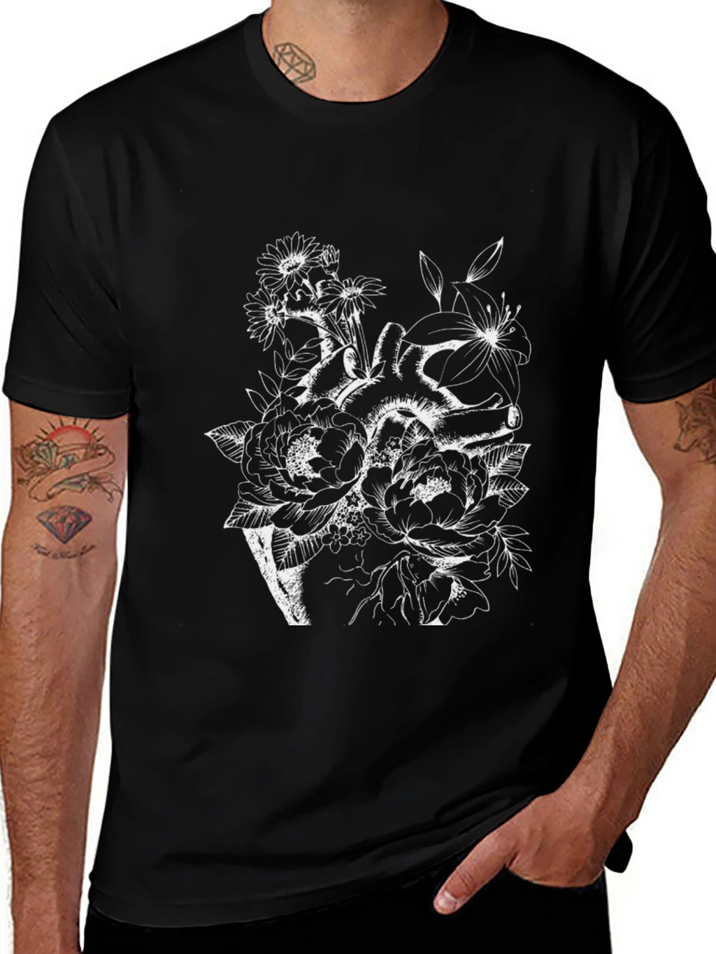 Floral Heart Print Black T-Shirt