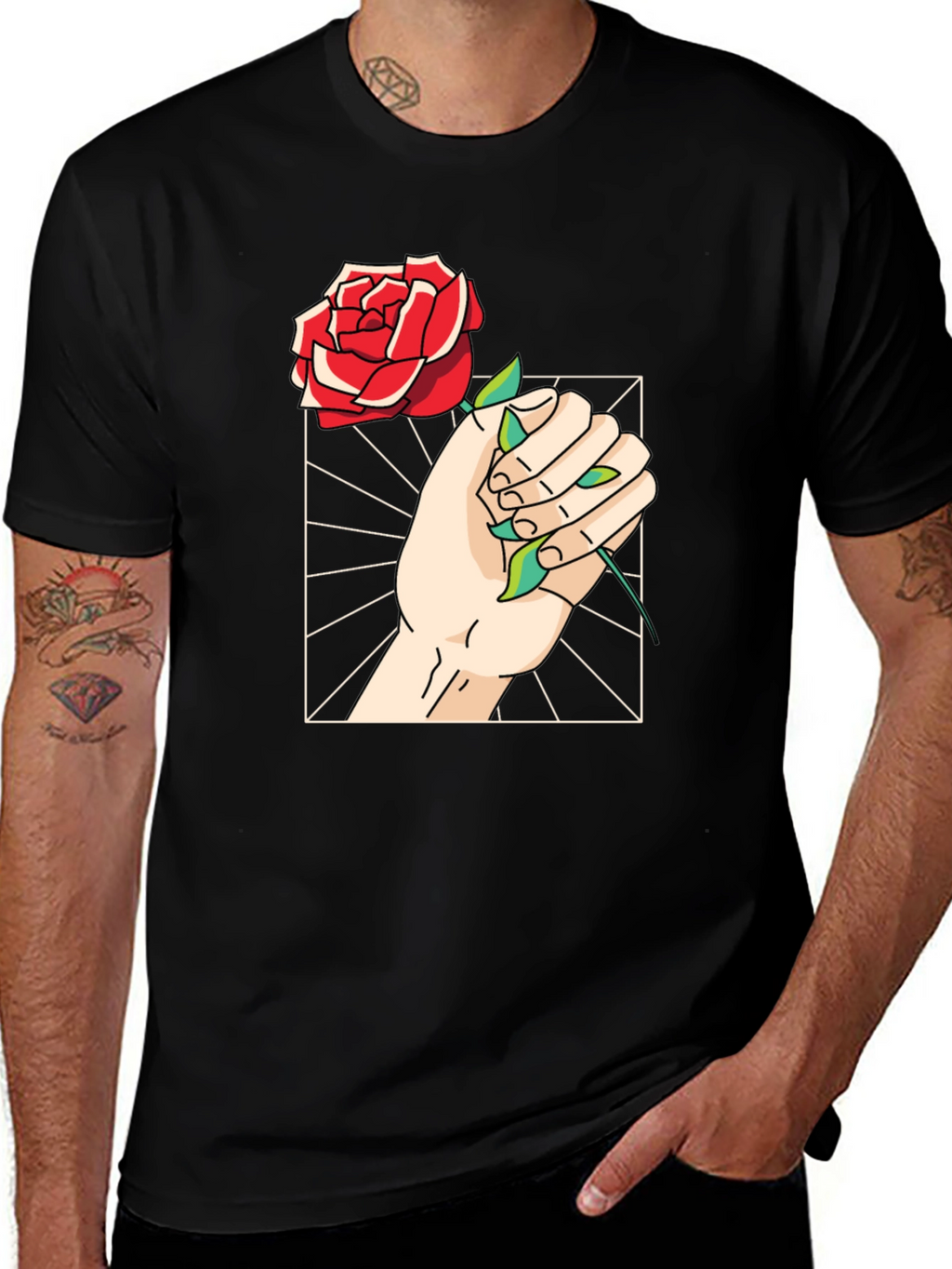 Rose Hand Graphic Tee - Trendy Black T-Shirt
