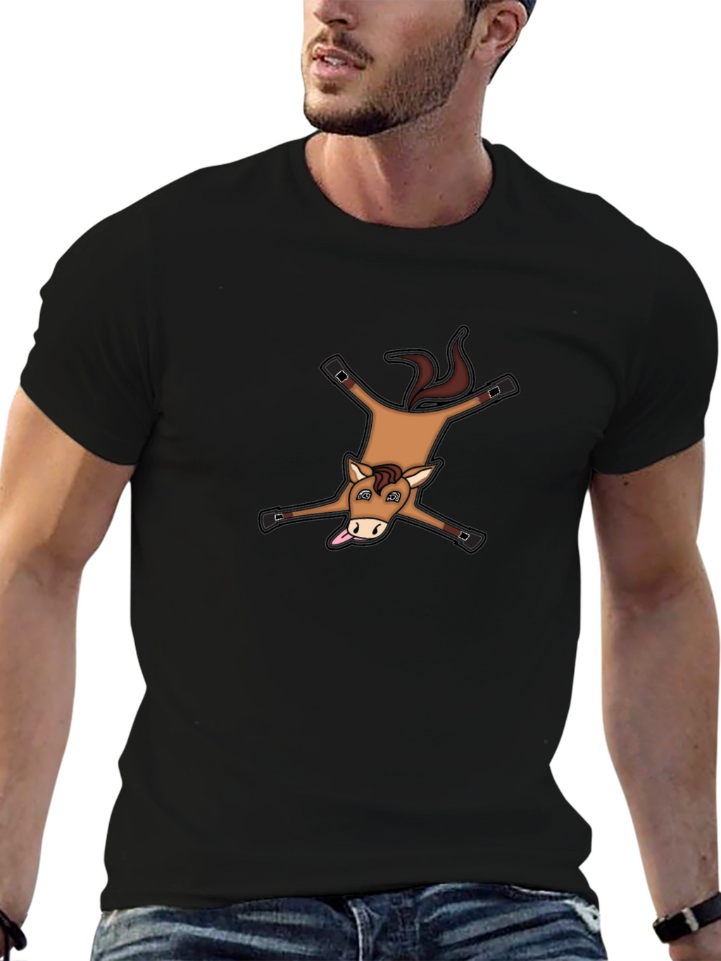 Funny Horse Rug Design Black Cotton T-Shirt