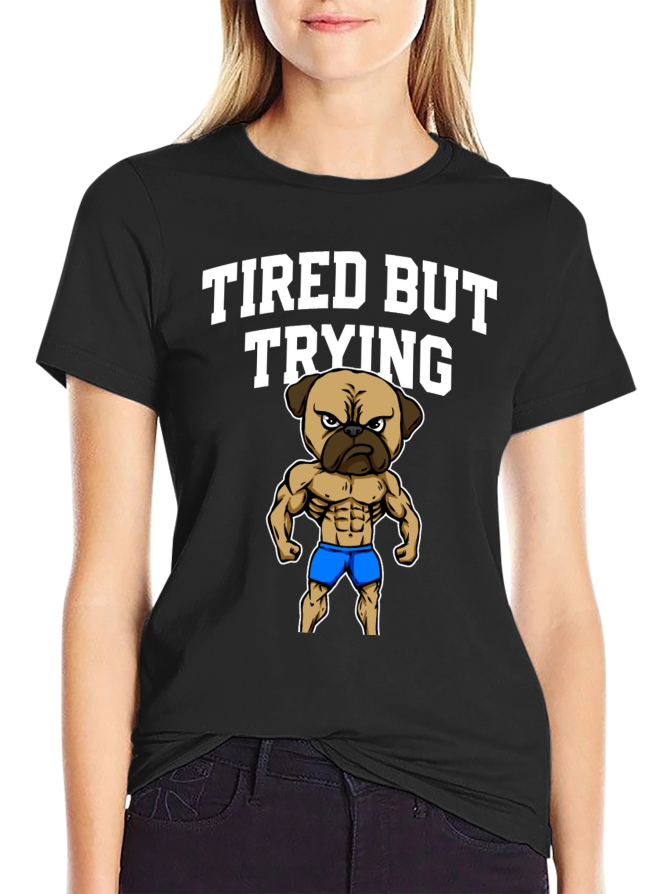 Tired But Trying Gym Pug Mens Black T-Shirt