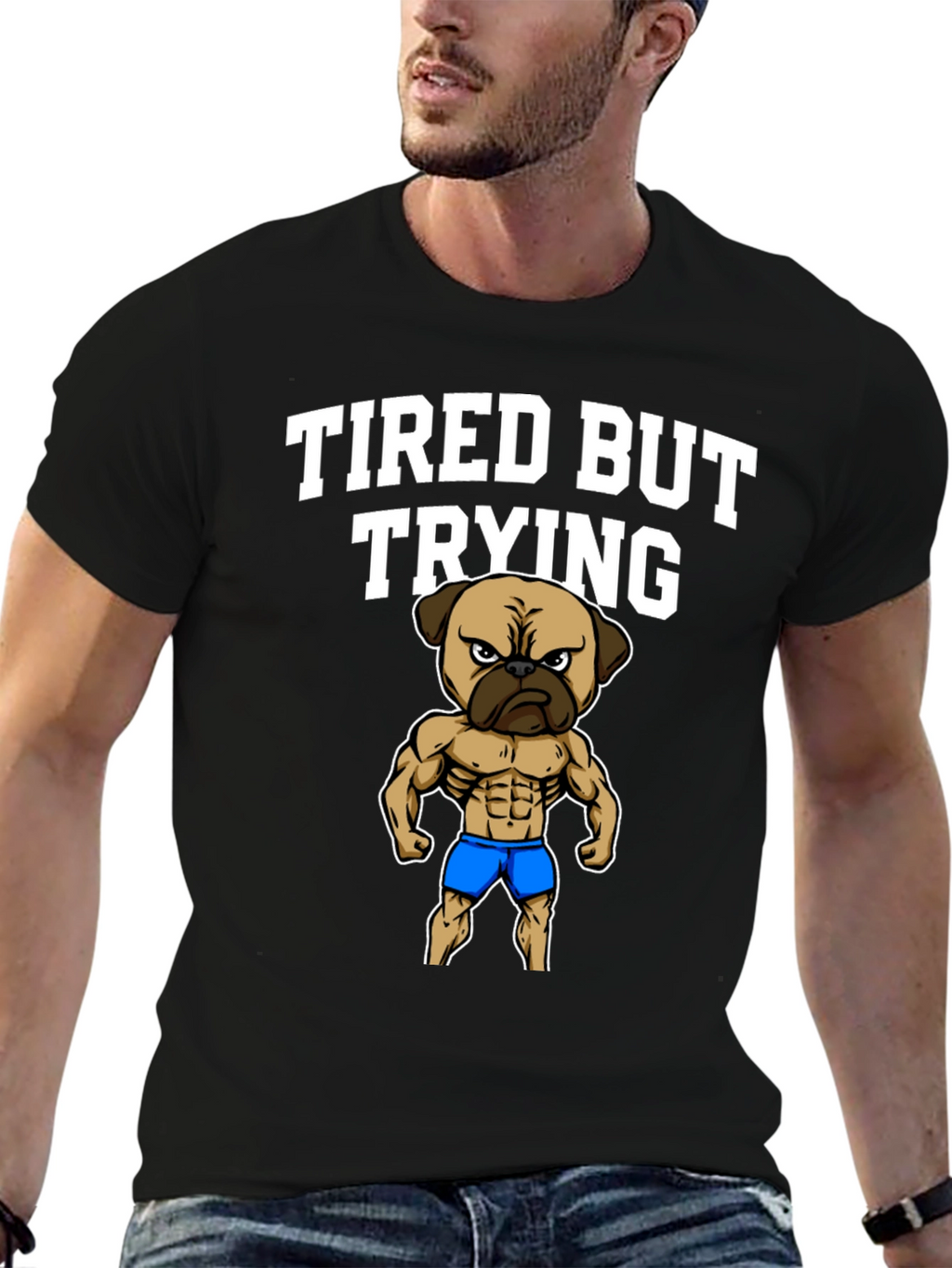 Tired But Trying Gym Pug Mens Black T-Shirt