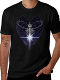 Cosmic Heart & Winged Sword Graphic Black T-Shirt