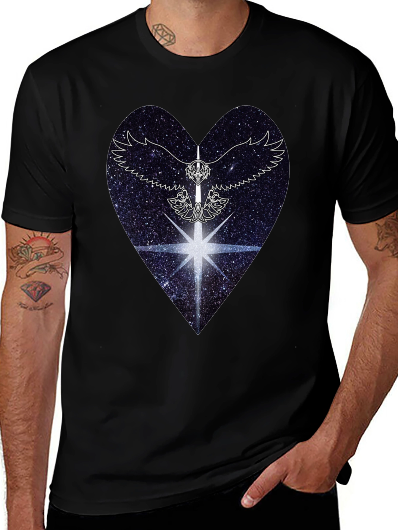 Cosmic Heart & Winged Sword Graphic Black T-Shirt