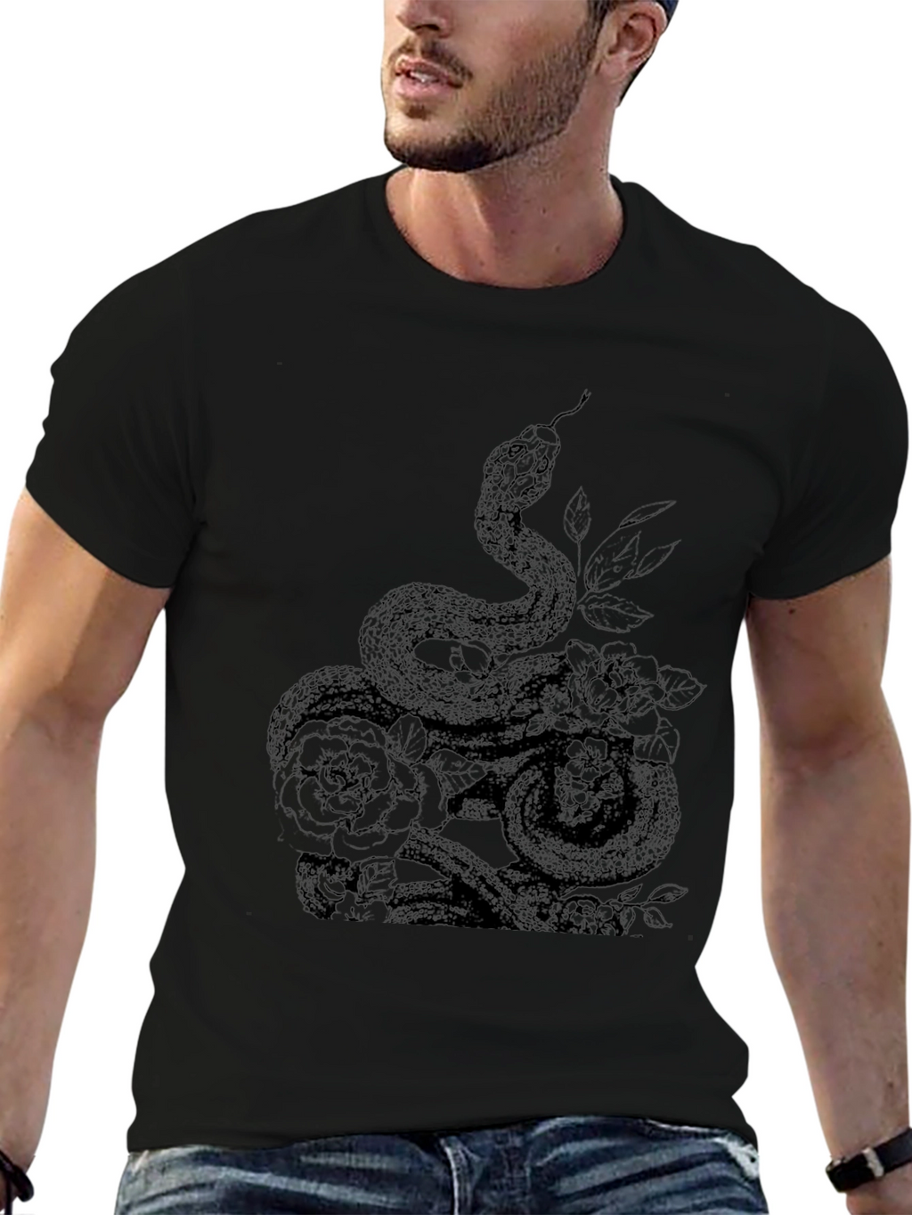 Snake and Roses Graphic Tee - Mens Black T-Shirt