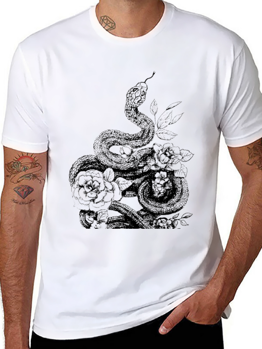 Snake and Roses Graphic Tee - Mens Black T-Shirt