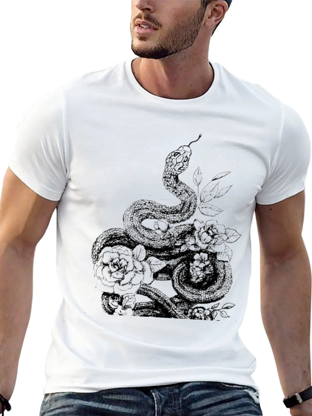 Snake and Roses Graphic Tee - Mens Black T-Shirt