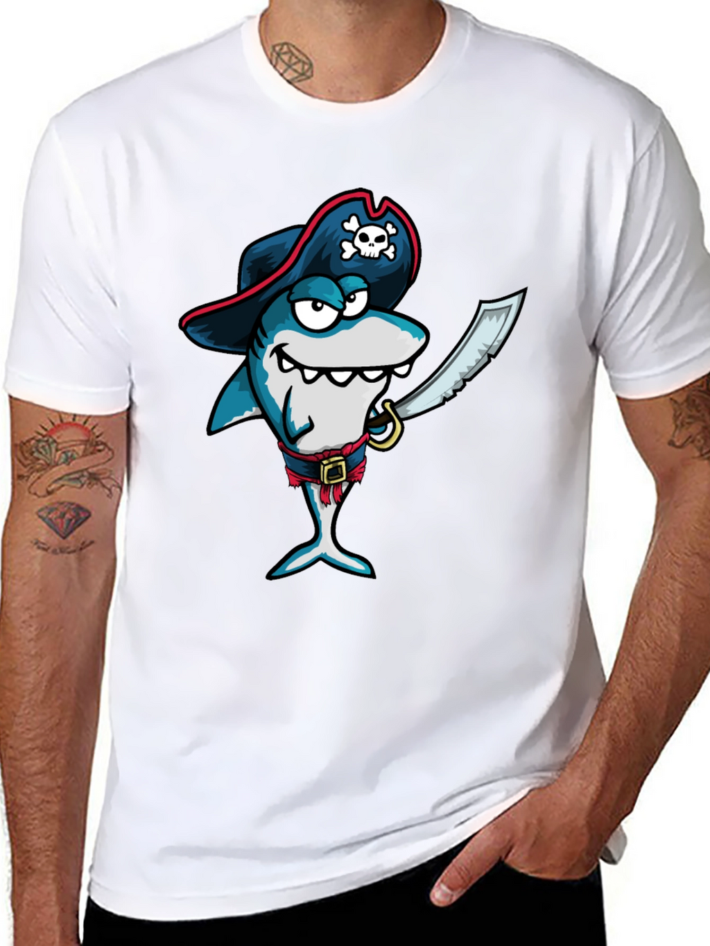 Pirate Shark Graphic Tee - Black Cotton T-Shirt