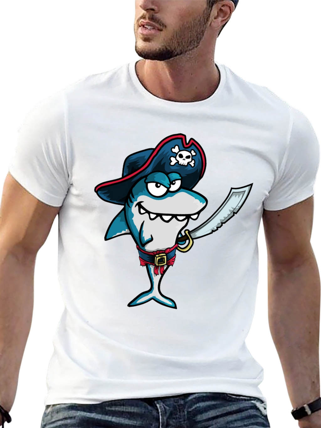 Pirate Shark Graphic Tee - Black Cotton T-Shirt