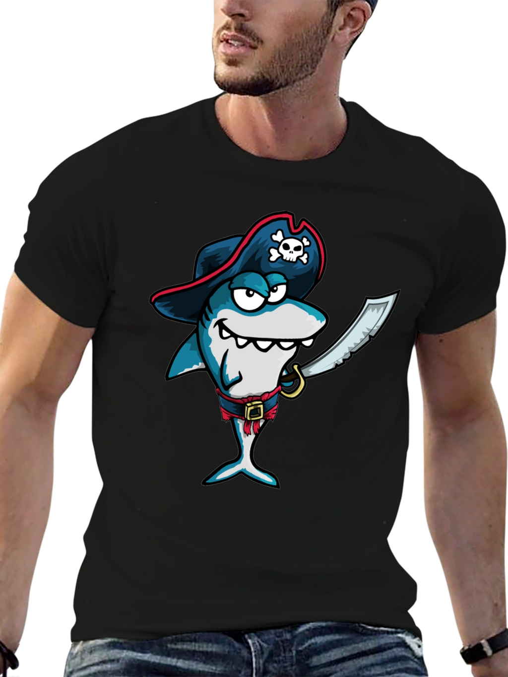 Pirate Shark Graphic Tee - Black Cotton T-Shirt