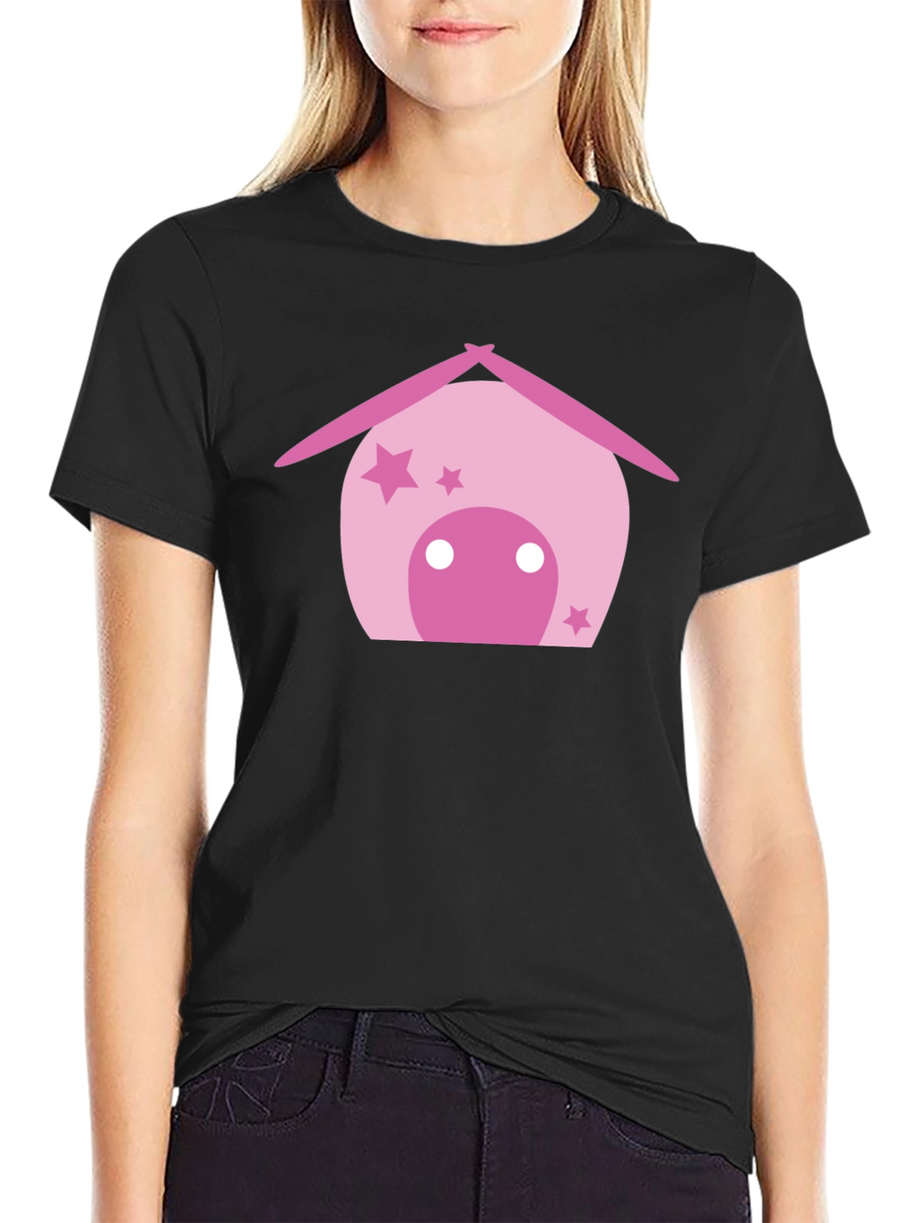 Cute Pink House Graphic Black T-Shirt