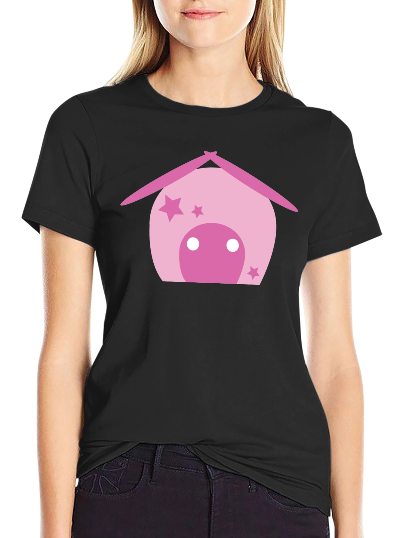 Cute Pink House Graphic Black T-Shirt