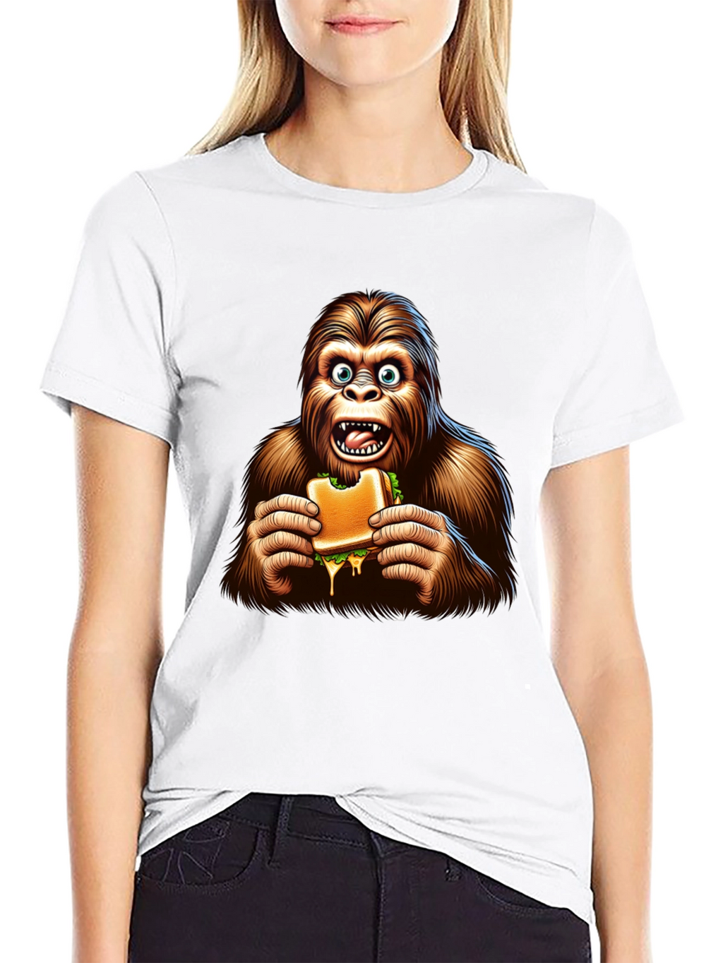 Bigfoot Eating Sandwich Funny Graphic Tee