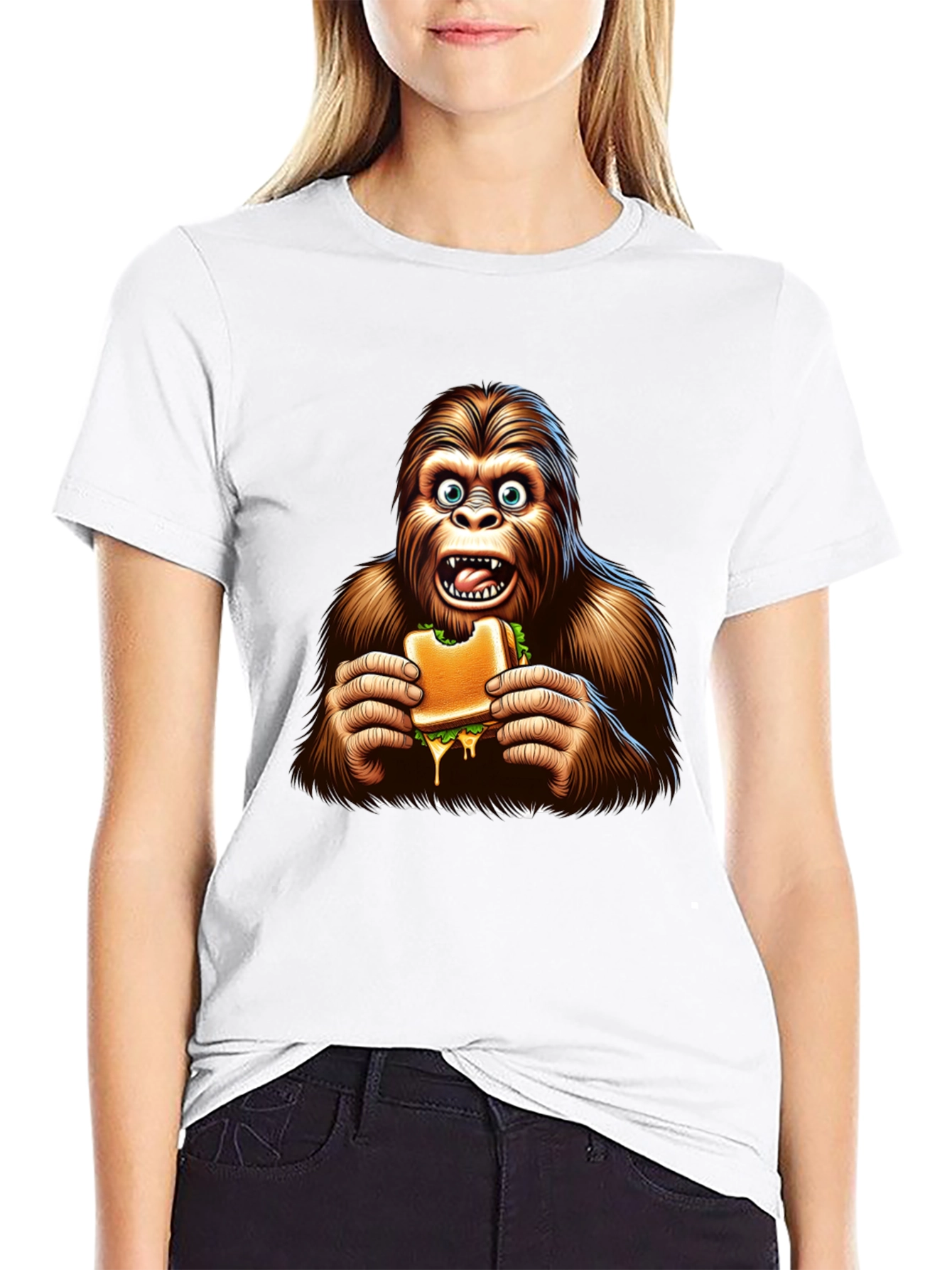 Bigfoot Eating Sandwich Funny Graphic Tee