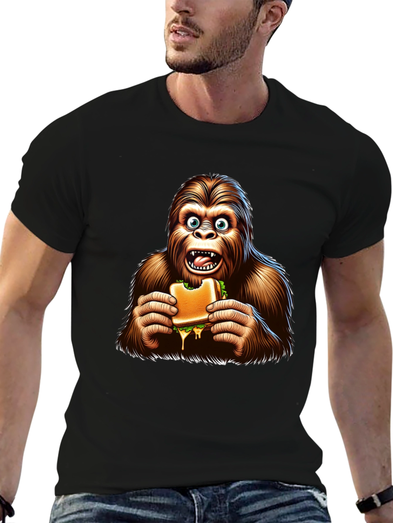 Bigfoot Eating Sandwich Funny Graphic Tee